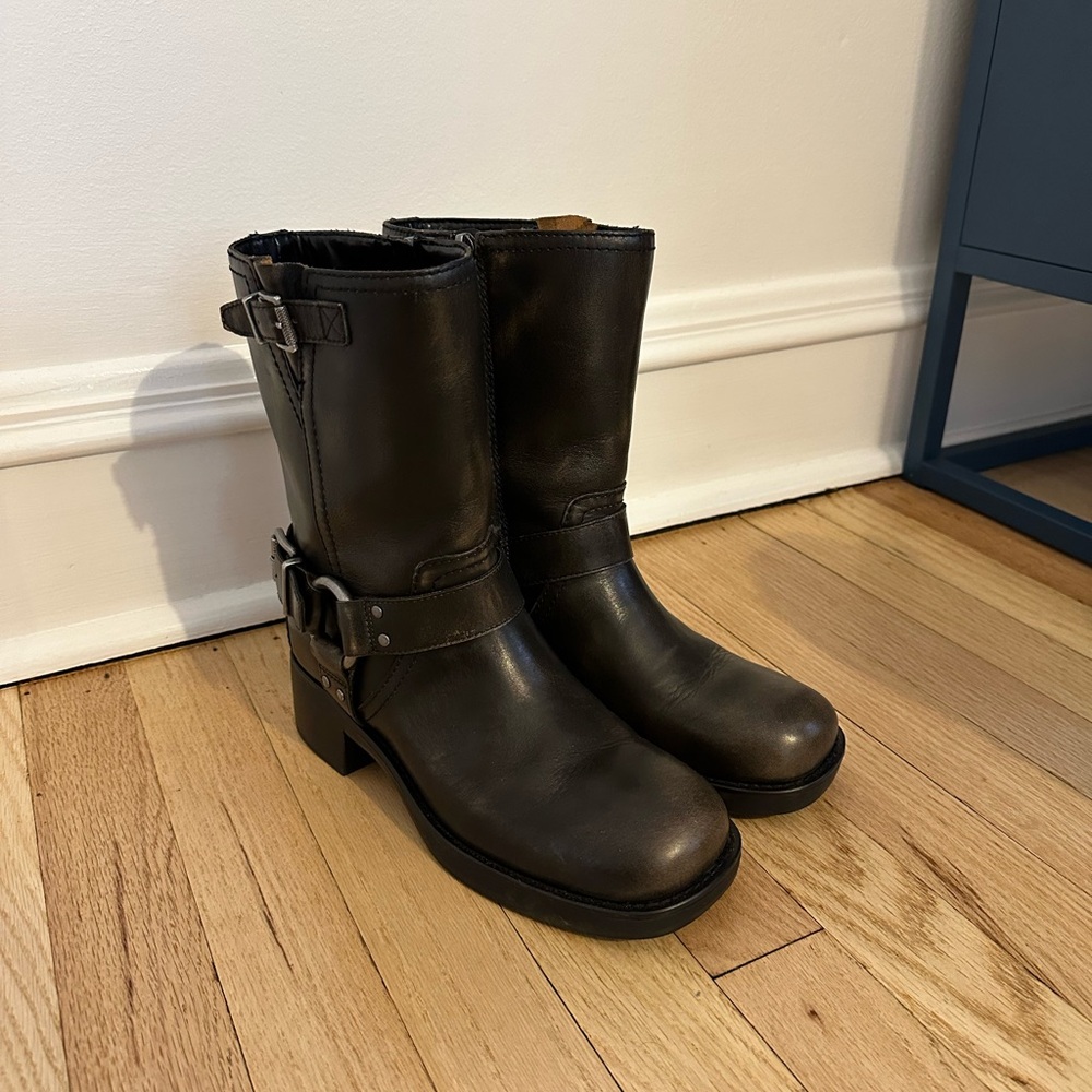 Vince Camuto Black Leather Combat Boots with Harness Detail